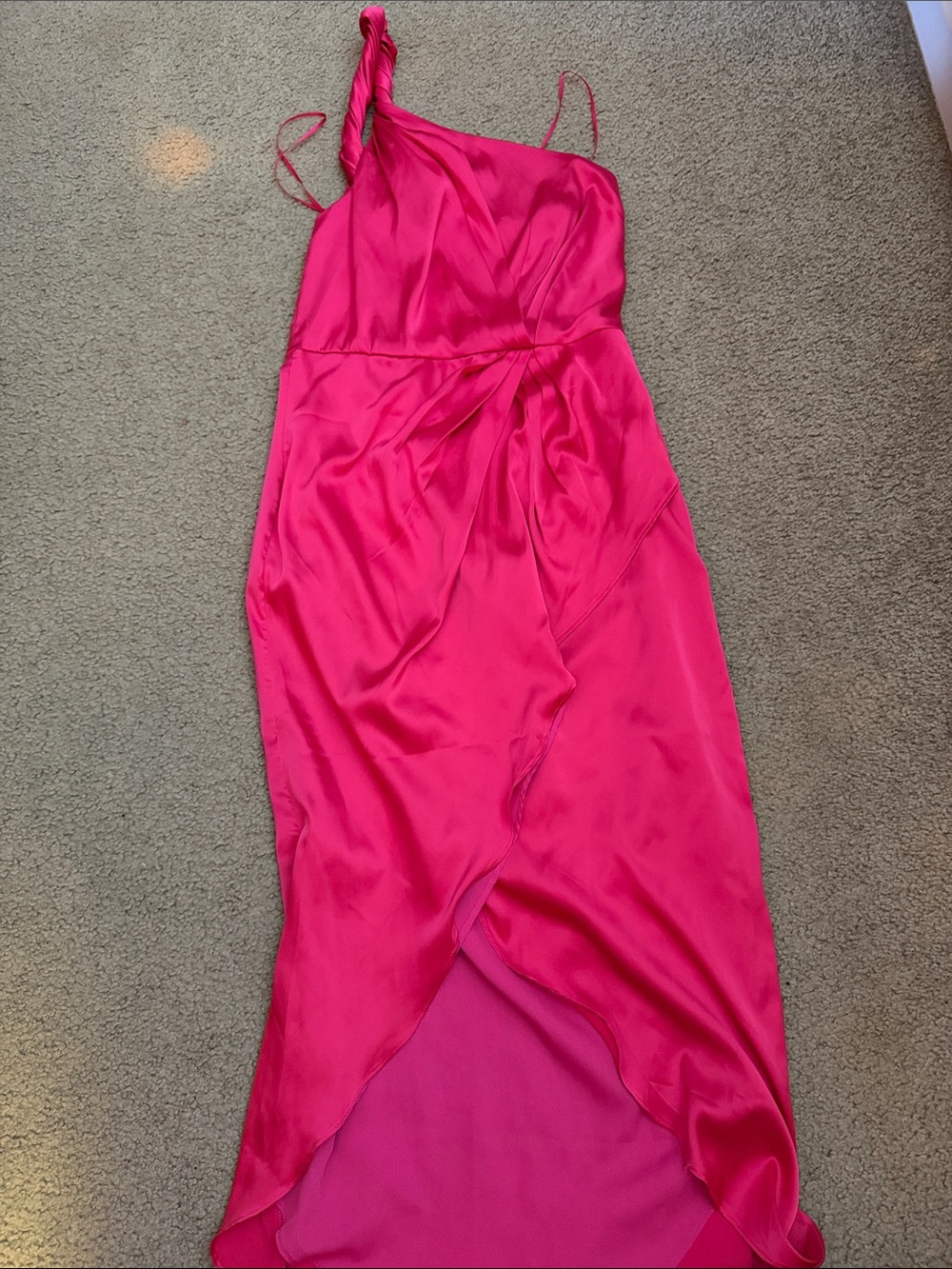 Hot Pink Satin One-Shoulder Slip Dress